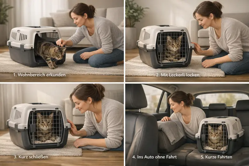 Schritt-für-Schritt-Anleitung zur Gewöhnung einer Katze an die Transportbox.