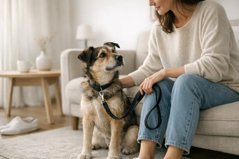 Ein Hund an der Leine in einer modernen Wohnung zeigt, wie wichtig Haftungsrisiken im Alltag sind.