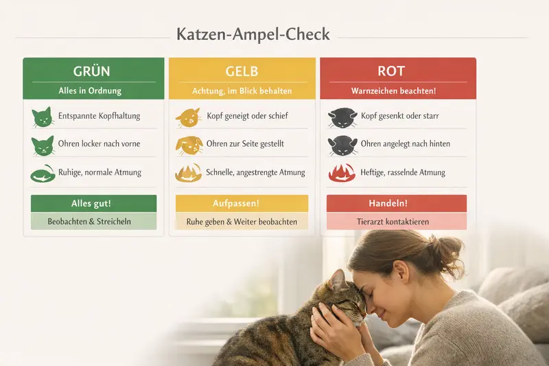 Ampel-Checkkarte zur Bewertung der Gesundheitszeichen einer Katze mit Kopfhaltung, Ohrenstellung und beschleunigter Atmung.