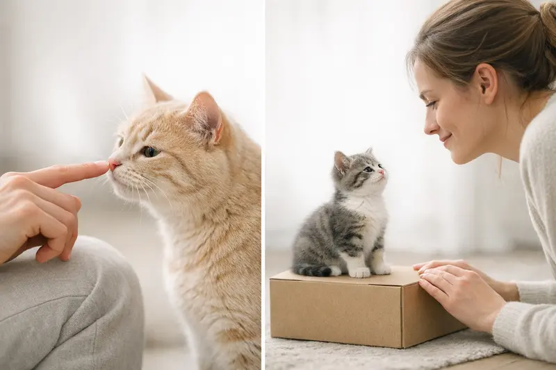 Eine Person zeigt die Handposition für das Nasentarget-Training mit einer Katze auf einer Decke.