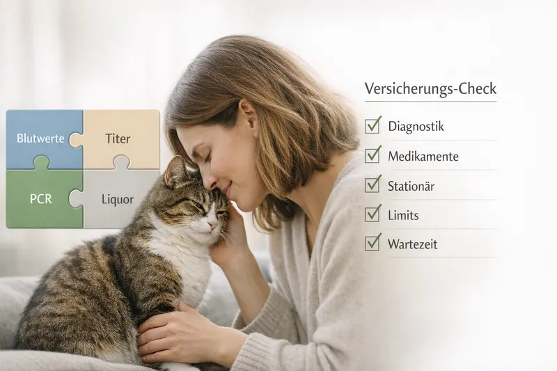 Eine Checklisten-Grafik für die Diagnostik von Katzen mit wichtigen Blutwerten, Titer, PCR und Liquor sowie einem Versicherungs-Check.