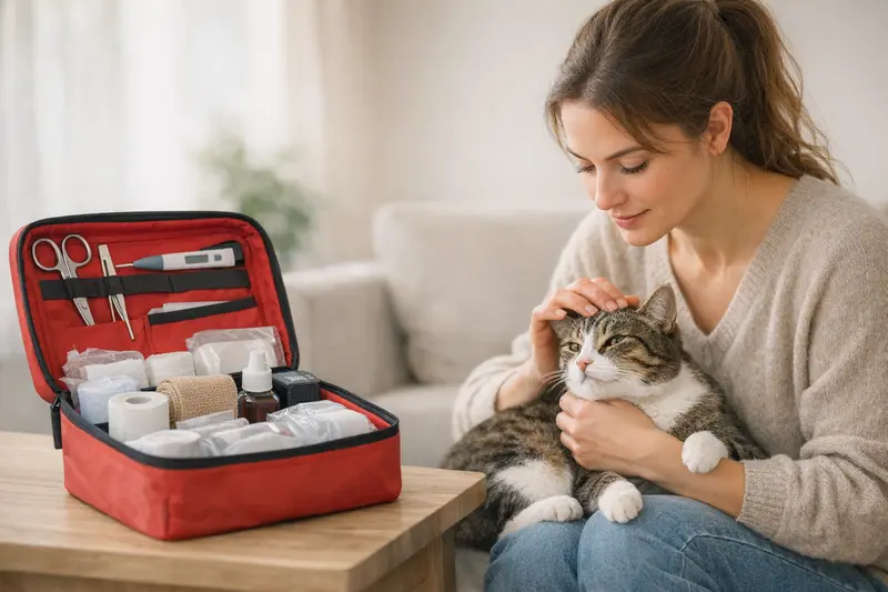 Inhalt eines Erste-Hilfe-Koffers für Katzen, einschließlich Werkzeuge und Verbandsmaterial.