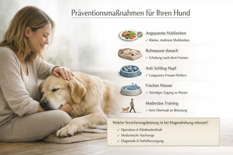 Checkliste mit Präventionsmaßnahmen für Hunde, einschließlich gesunder Mahlzeiten und Training