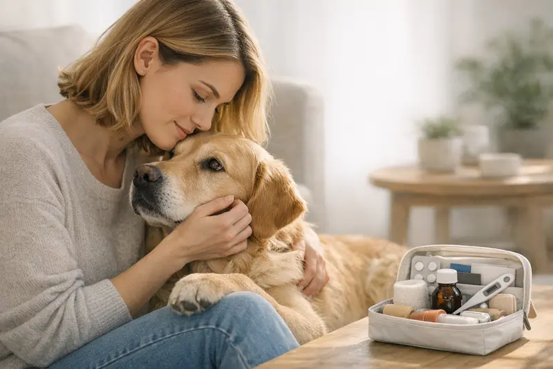 Grafik zur Hundegesundheit mit TAPS-Schema und Mini-Packliste für die Hausapotheke.