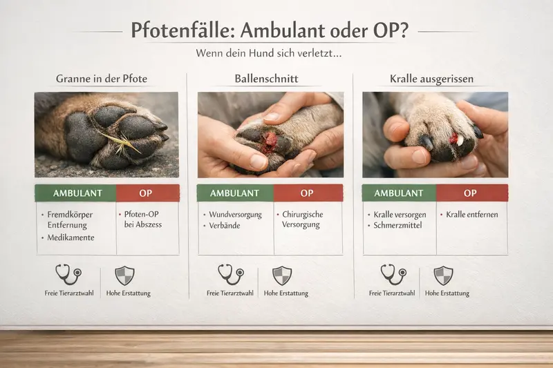 Grafik einer Hundepfote mit Pfotenfällen wie Granne, Ballenschnitt und Kralle ausgerissen, klassifiziert in ambulant oder OP.