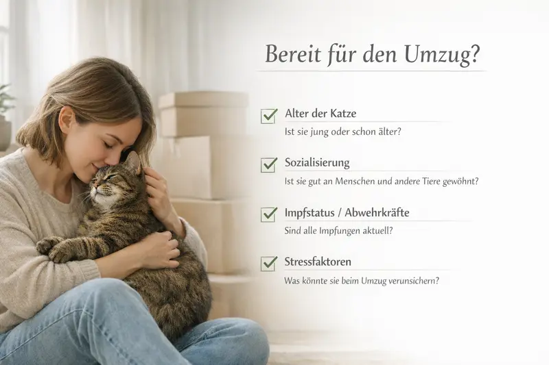 Eine Katze sitzt entspannt in einem Umzugskarton und wird auf ihre Umzugsvorbereitungen überprüft.