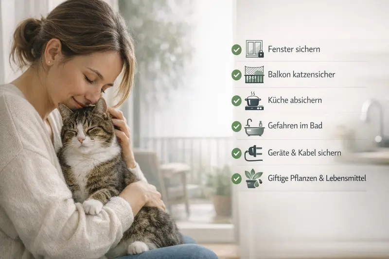Kompakte Wohnungs-Checkliste für die Sicherheit von Katzen mit Fokus auf Fenster, Balkon, Küche und Pflanzen.