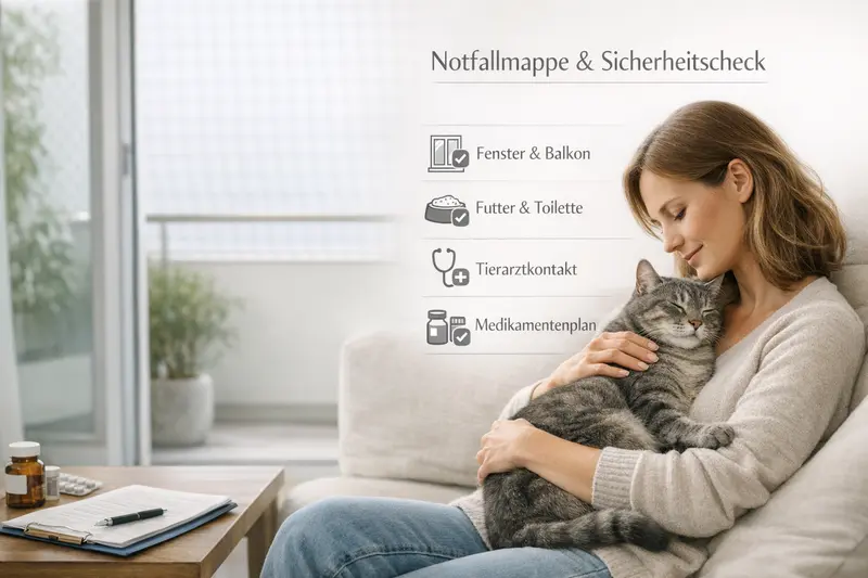 Eine Notfallmappe für Katzenhalter mit wichtigen Checklisten für Sicherheit und Gesundheit.