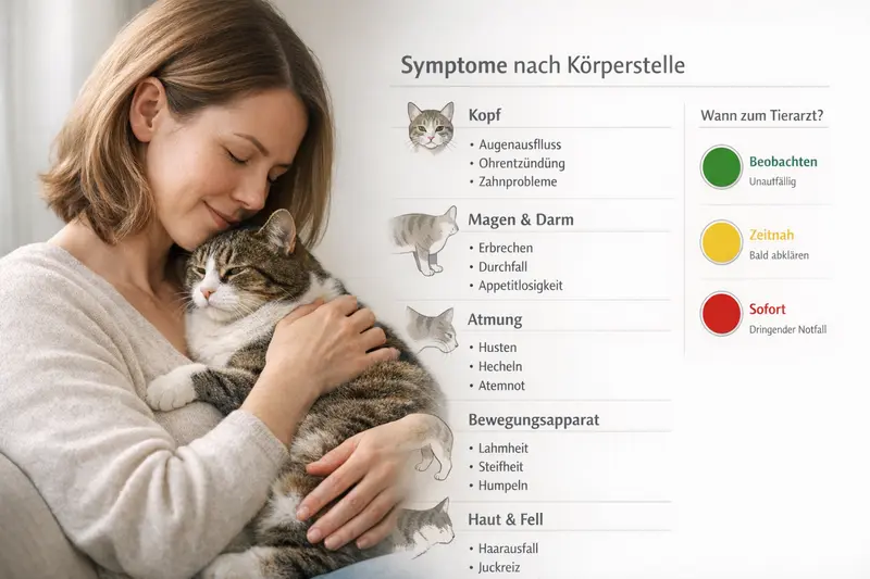 Eine Übersicht mit Symptomen für Hunde und Katzen, gegliedert nach Körperstellen und einem Ampelsystem zur Dringlichkeit der Tierarztbesuche.