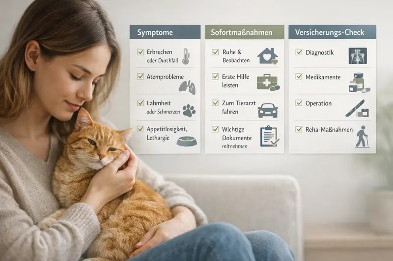 Eine Katze mit Symptomen, umgeben von einer Checkliste für Sofortmaßnahmen und Versicherungsdetails.
