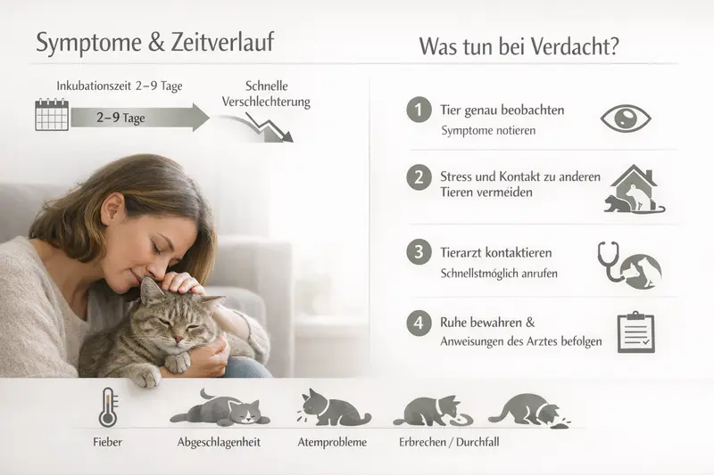 Checkliste mit Symptomen und Handlungsschritten bei Verdacht auf Erkrankungen bei Tieren.