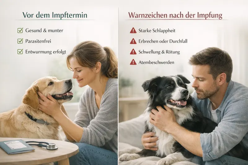Hundehalter überprüft die Gesundheit seines Hundes vor dem Impftermin, inklusive Warnzeichen nach der Impfung.