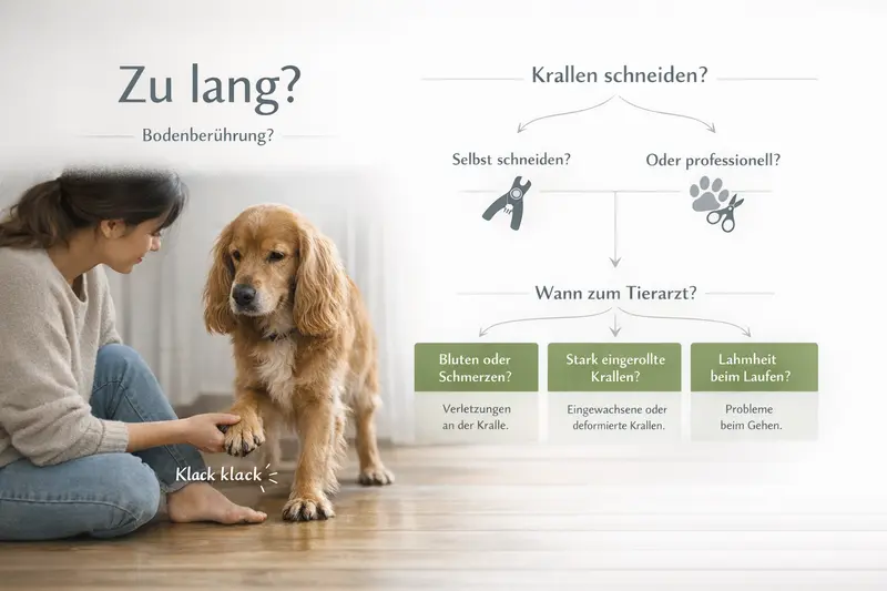 Ein Hund mit langen Nägeln steht auf dem Boden, erhält Tipps zur Pflegemaßnahme.