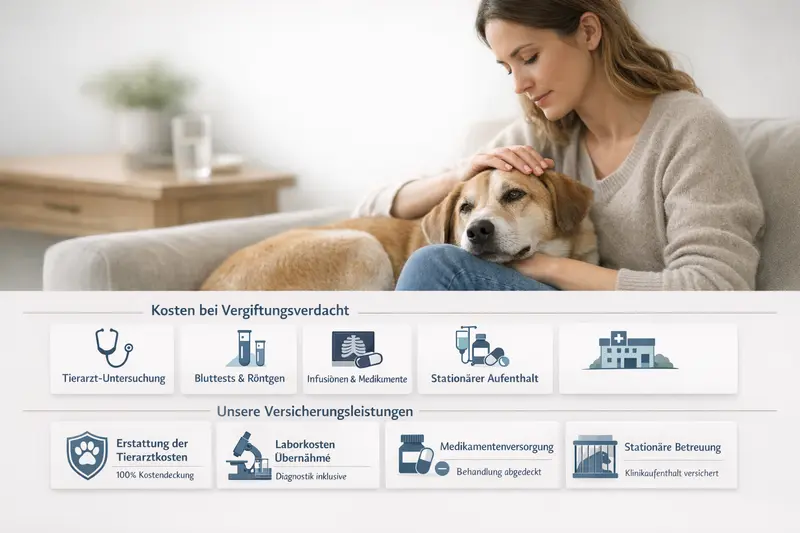Grafik mit Kostenbausteinen und Versicherungsleistungen bei Vergiftungsverdacht für Hunde.