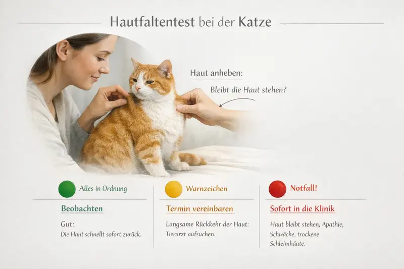 Eine Illustration zur schnellen Orientierung für Katzenhalter mit einem Hautfaltentest und Warnzeichen.