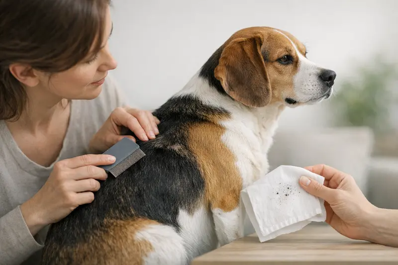Ein Hund wird mit einem Flohkamm untersucht, während ein weißes Tuch für den Flohkot-Test bereitliegt.