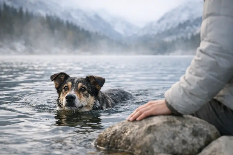 Ein fröhlicher Hund schwimmt im Wasser und genießt eine sonnige Tag am See, während er nach einem Ball taucht.