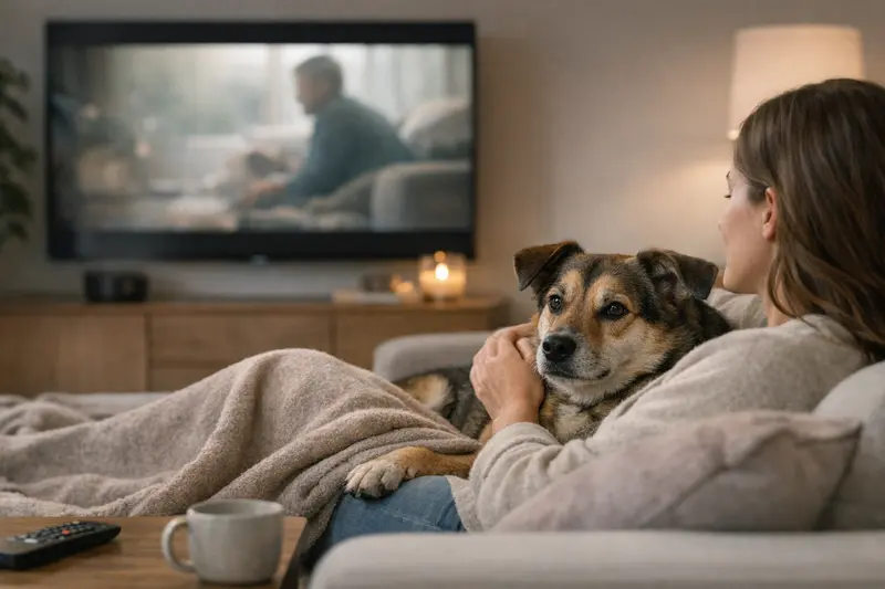 Ein entspannter Hund sitzt gemütlich im Heimkino und genießt die ruhige Atmosphäre.