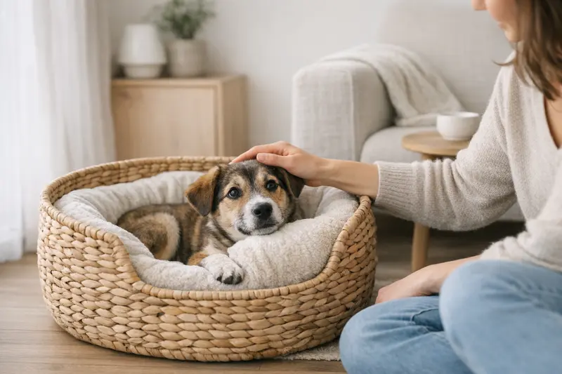 Ein Welpe sitzt entspannt in seinem neuen Hundekorb und fühlt sich sicher.
