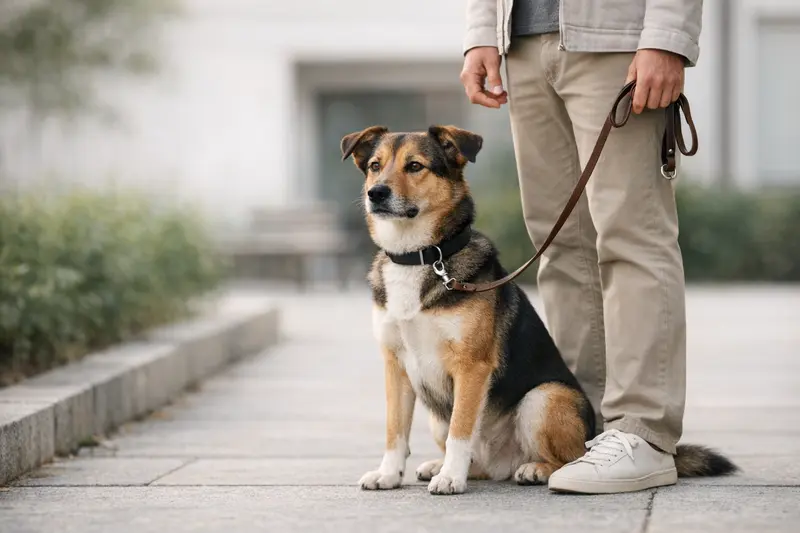 Erwachsener Hund an lockerer Führungsleine sitzt neben seinem Halter in einer entspannten Alltagsszene.