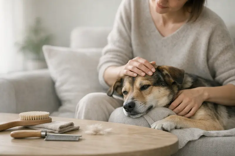 Ein gepflegter Hund liegt entspannt auf einem weichen Untergrund, umgeben von dezenten Pflege-Tools.