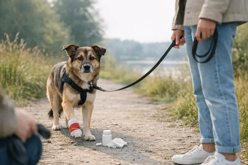 Ein Hund bleibt beim Spaziergang stehen und schaut aufmerksam in die Umgebung.