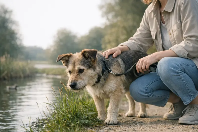 Ein fröhlicher Hund geht mit seinem Besitzer im Park spazieren und erkundet die Umgebung.