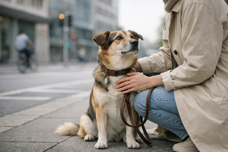 Ein Hund an der Leine genießt einen Spaziergang in einer urbanen Umgebung, was Verantwortungsbewusstsein und Sicherheit vermittelt.