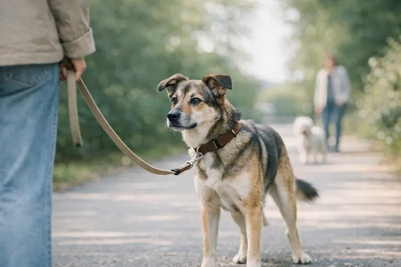 Ein entspannter Hund an der Leine trifft auf einen anderen Hund in einem Park.