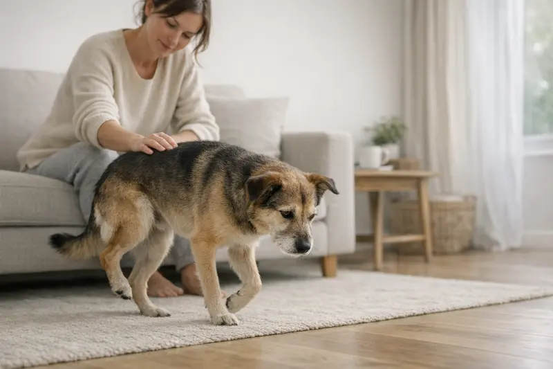 Ein Hund zeigt eine Schonhaltung während eines ruhigen Spaziergangs.