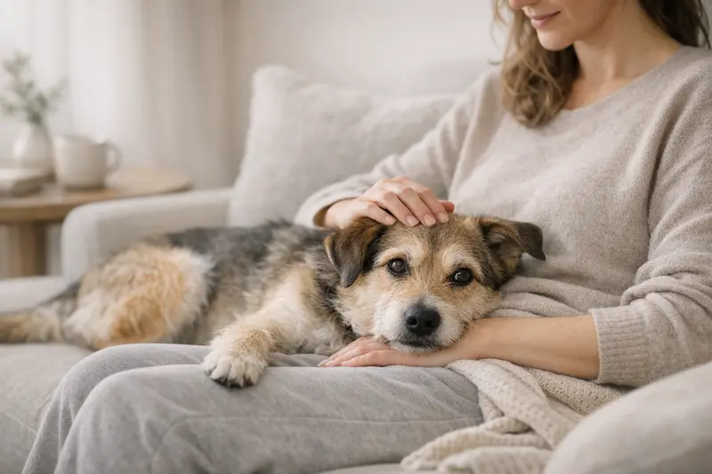 Ein entspannter Hund liegt gemütlich in einer ruhigen Indoor-Szene und strahlt Wärme aus.