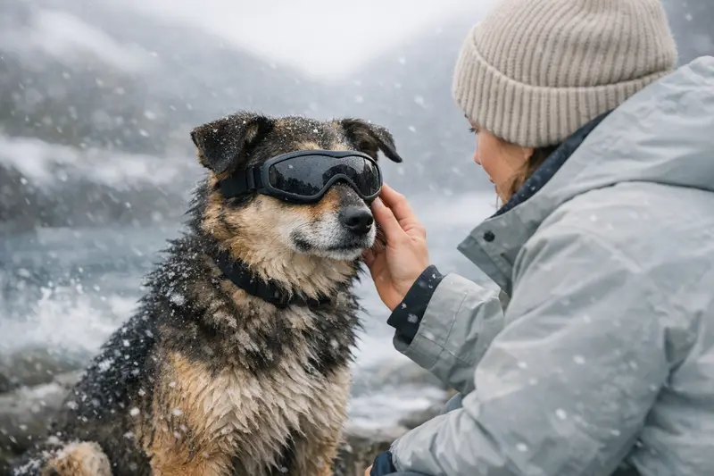 Ein Hund mit funktionaler Schutzbrille genießt eine Outdoor-Aktivität bei Wind und Schnee.