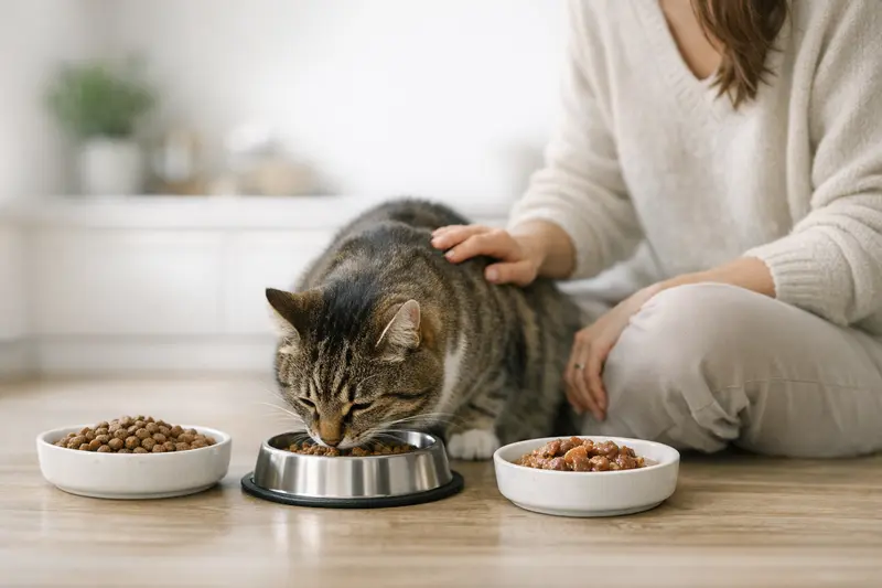 Eine Katze steht am Futternapf und entscheidet sich zwischen Trocken- und Nassfutter