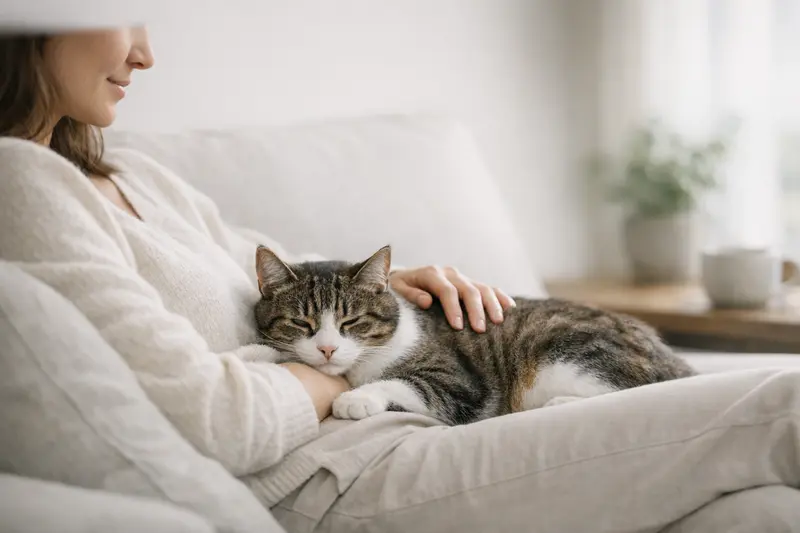 Eine ruhige Katze liegt vertrauensvoll neben ihrem Halter und strahlt Zufriedenheit aus.