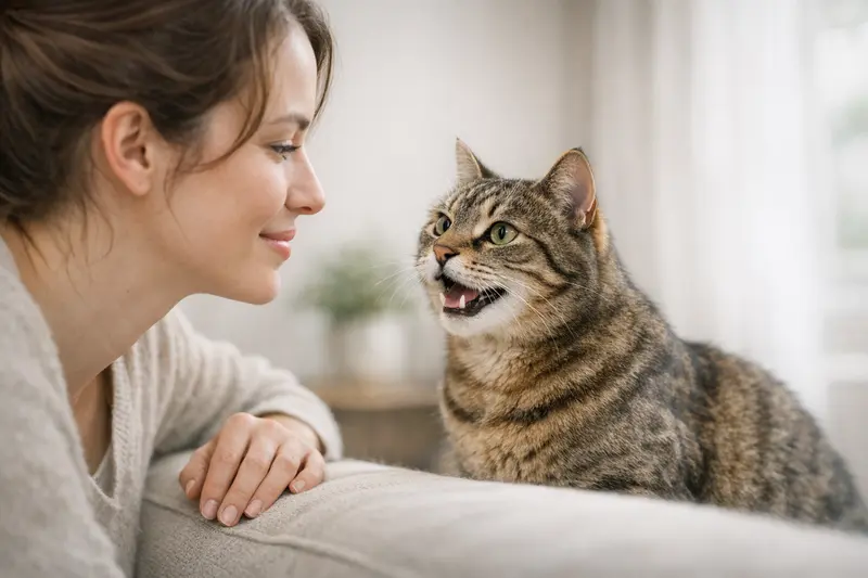 Eine Katze mit leicht geöffnetem Maul und intensivem Blickkontakt, die in einer typischen Kommunikationssituation dargestellt wird.
