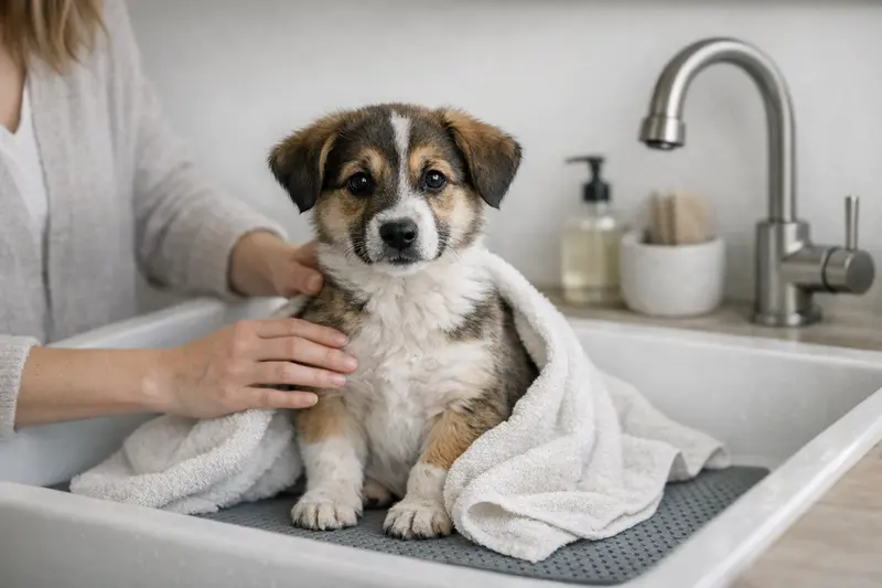 Ein Welpe sitzt entspannt in einem sicheren Waschbecken mit rutschfester Unterlage und Handtuch.