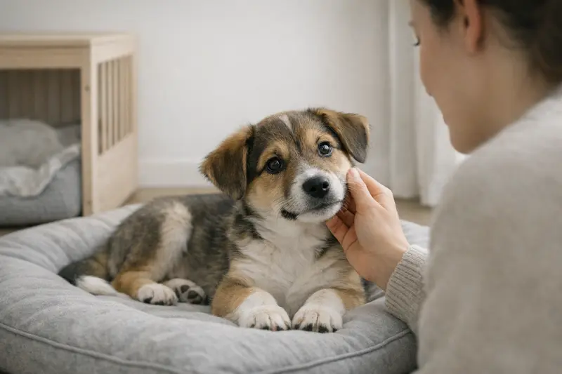 Ein süßer Welpe liegt entspannt in einem gemütlichen Hundebett, umgeben von einem sicheren Zuhause.
