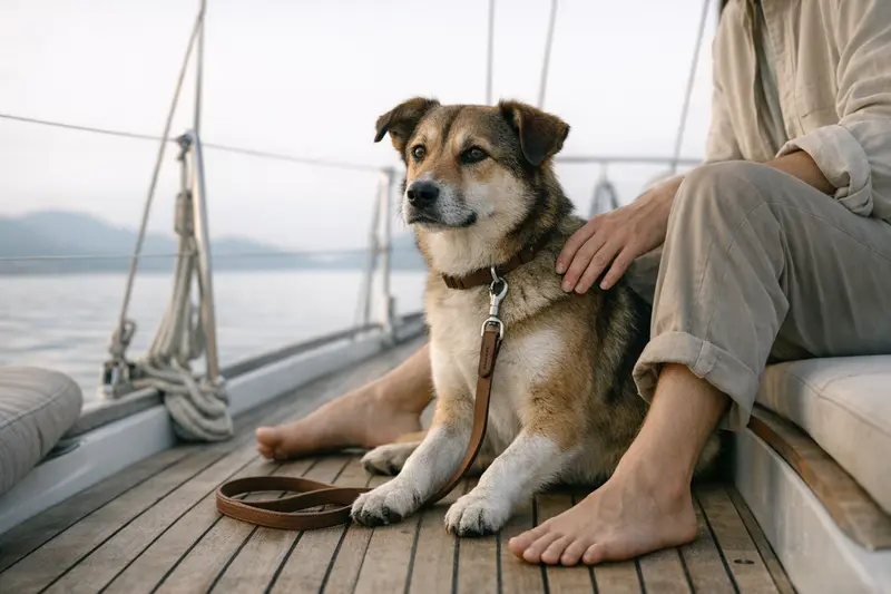 Ein entspannter Hund steht an Deck eines Bootes in ruhiger Umgebung und wird an einer Leine gehalten.