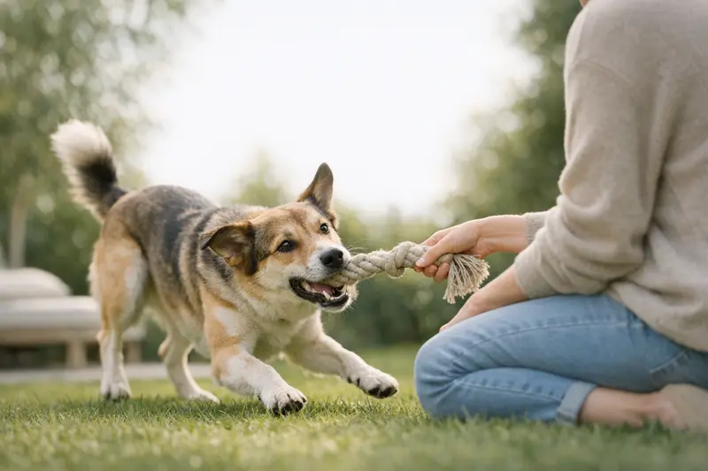 Ein fröhlicher Hund spielt im Garten und zeigt seine Lebensfreude.