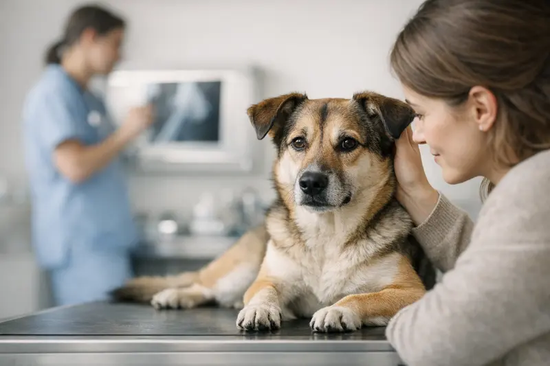 Ein auf einem Behandlungstisch ruhender Hund in einer tiermedizinischen Praxis zur Absicherung von Gesundheitskosten.