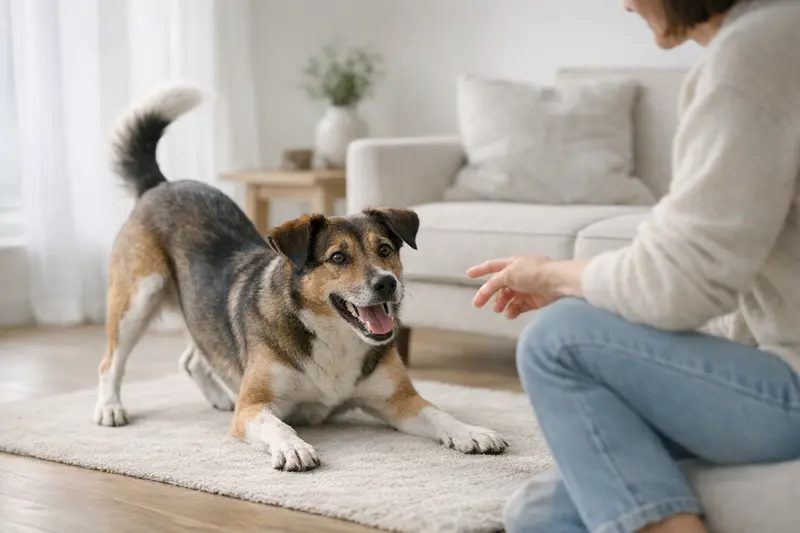 Ein fröhlicher Hund steht mit erhobenem Schwanz und einladendem Blick, bereit zum Spielen.