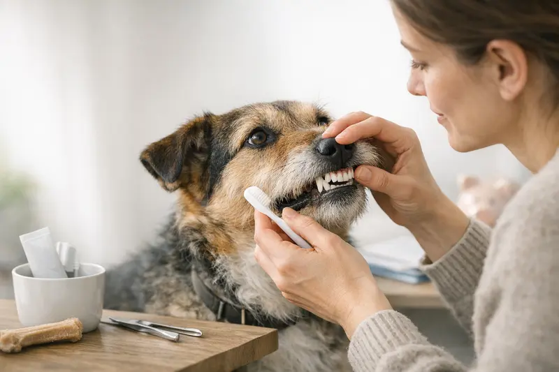 Ein Hund mit gesunden Zähnen in einem ruhigen Umfeld, der die Bedeutung von Zahnpflege verdeutlicht.