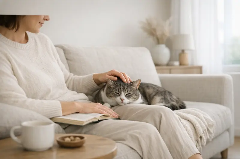 Eine entspannte Katze ruht auf einem weichen Kissen im Wohnzimmer und vermittelt ein Gefühl von Sicherheit und häuslicher Harmonie.