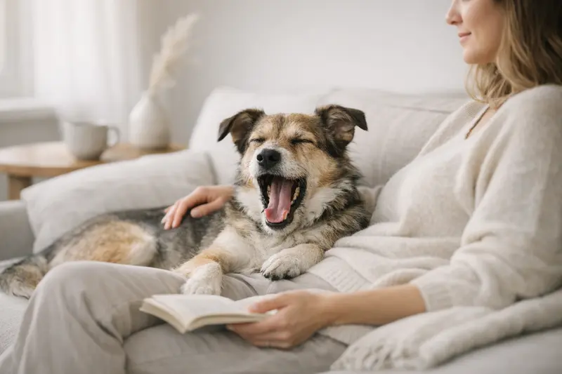 Ein gähnender Hund in einer entspannten Alltagsszene, die Ruhe und Müdigkeit symbolisiert.