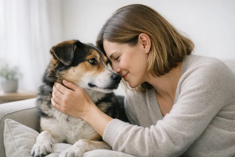Ein ruhiges Bild, das einen Hund und seinen Halter in enger Interaktion zeigt, vermittelt Vertrauen.