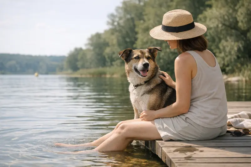 Ein fröhlicher Hund sitzt im Schatten eines Baumes am Wasser und genießt den Sommer.