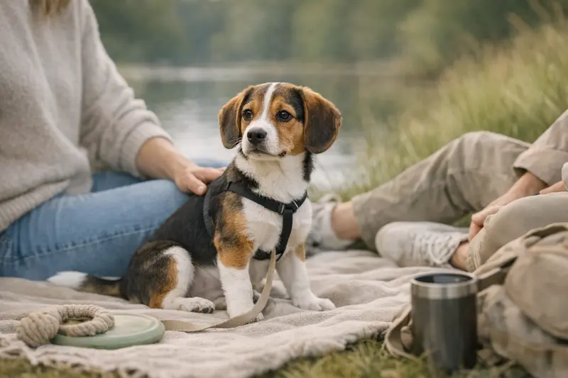 Ein fröhlicher Beagle-Welpe spielt in einem Familiengarten.