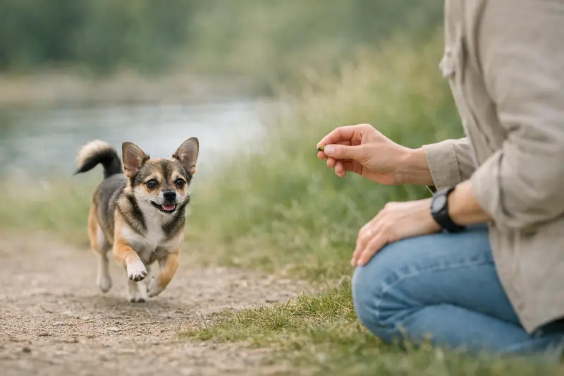 Ein Chihuahua-Welpe lernt den Rückruf in einer sicheren Trainingssituation mit positiver Verstärkung.