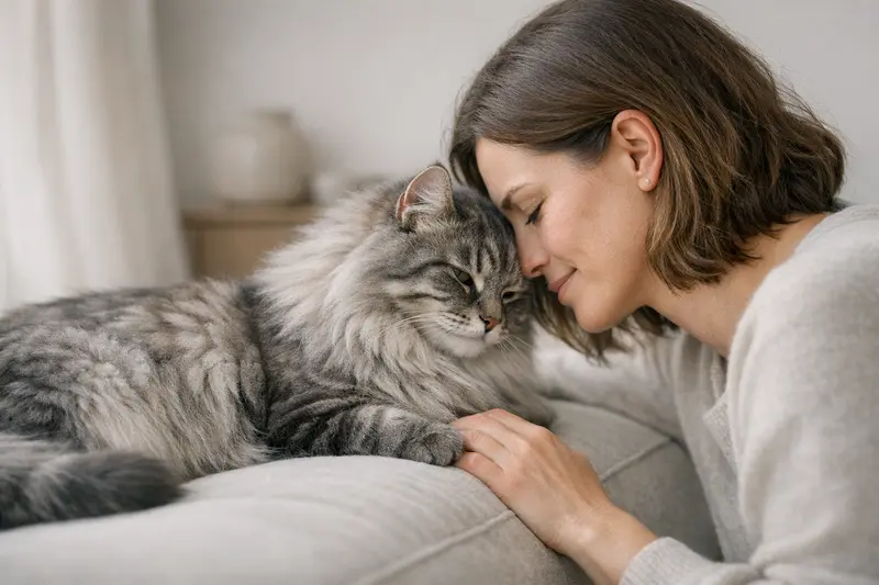 Eine Sibirische Katze mit markanter Fellstruktur schaut ernst in die Kamera.