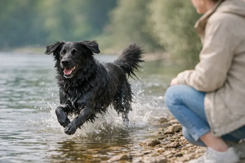 Ein aktiver Flat Coated Retriever springt fröhlich ins Wasser und zeigt seine Agilität.